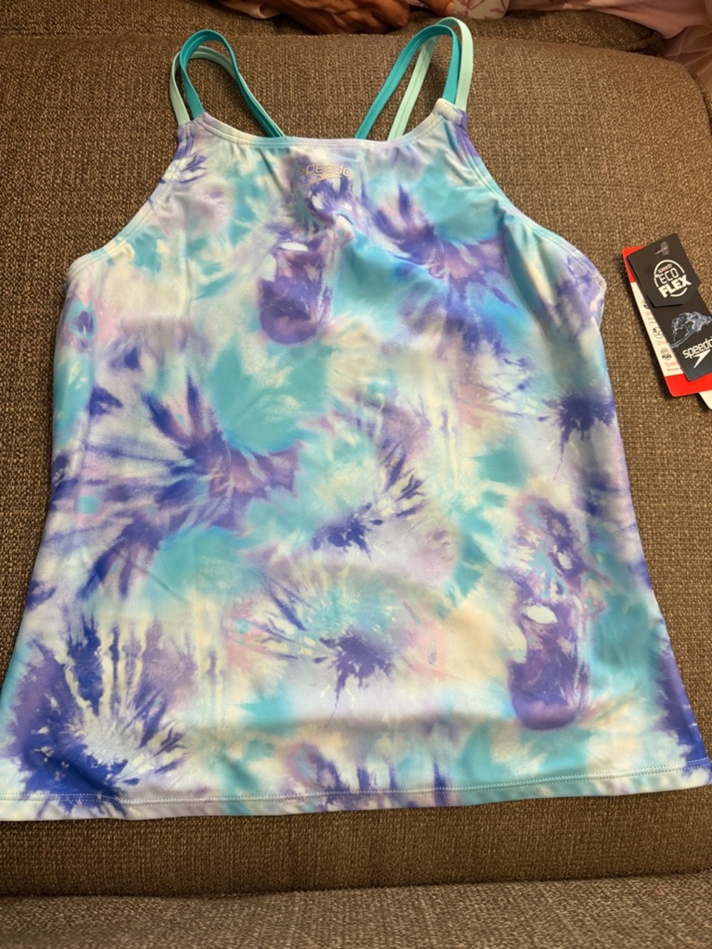 GIRLS SPEEDO -  Aqua and Purple Tie-Dye Tankini Top